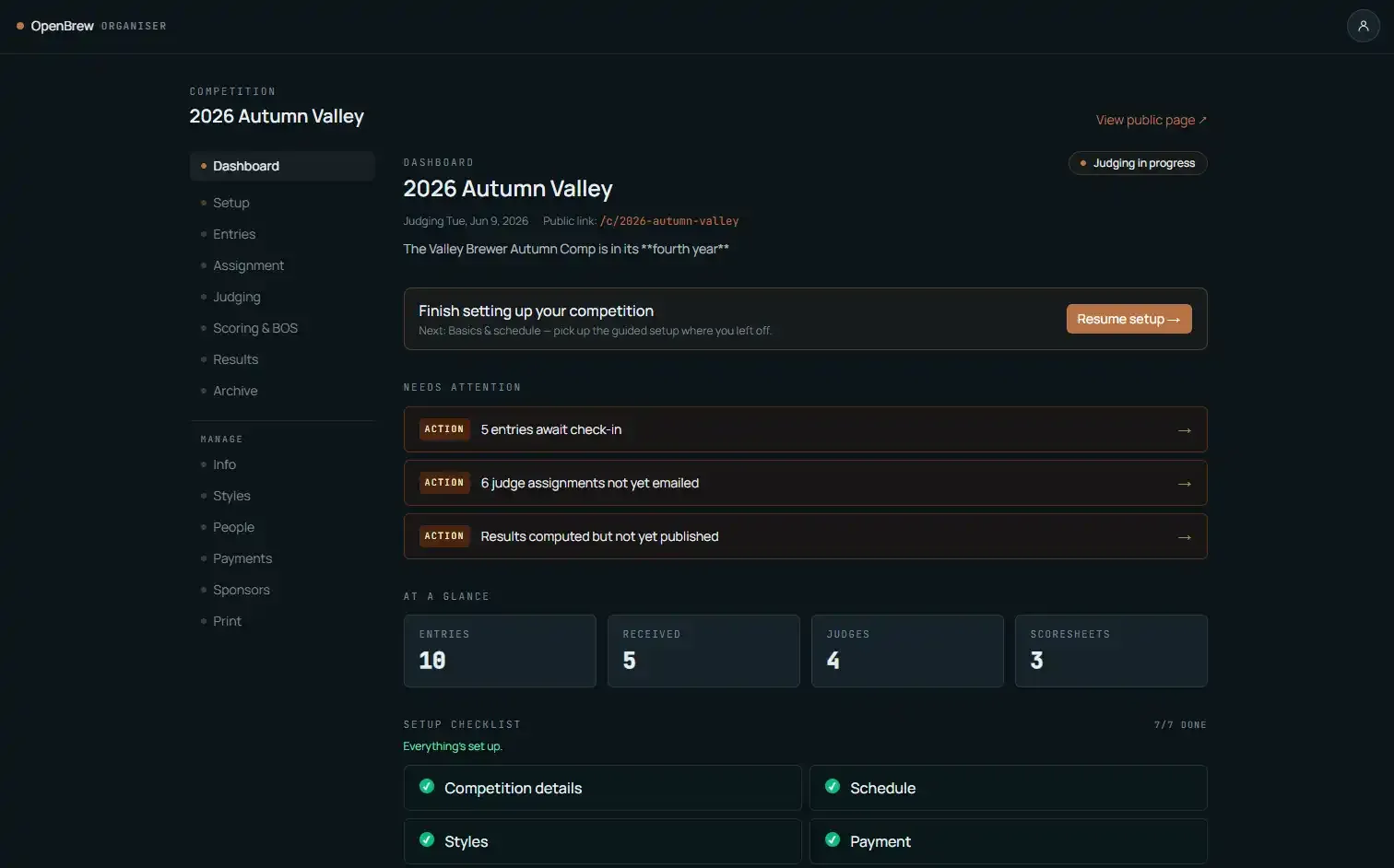 The OpenBrew organiser dashboard interface in dark mode.