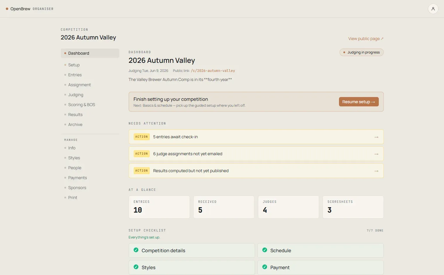 The OpenBrew organiser dashboard for a 2026 Autumn Valley homebrew competition — setup checklist, entries awaiting check-in, and at-a-glance counts.